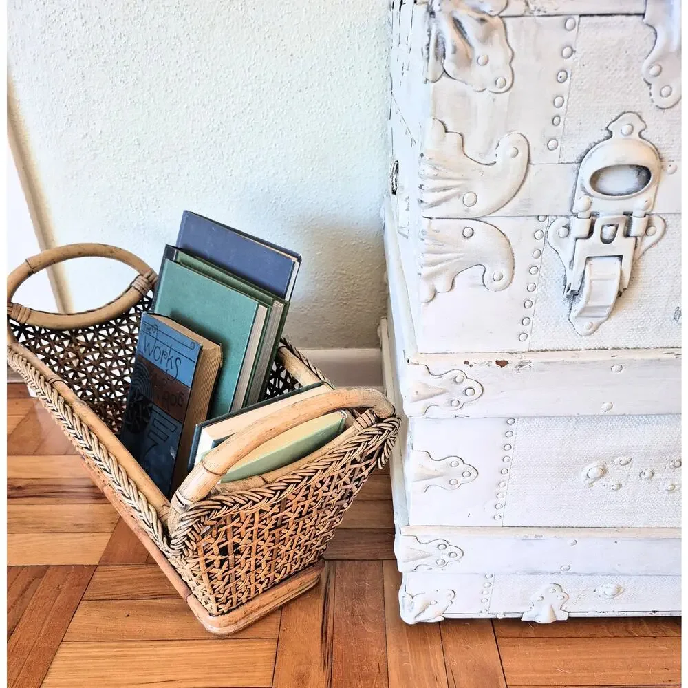 Vintage Rattan Woven Wicker Basket Magazine Rack 1960s Cottage Cabin Handles